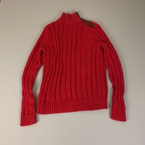 Lauren Jeans Co. Ribbed Sweater XL Red Knit Mock Neck Button Shoulder Accent‎